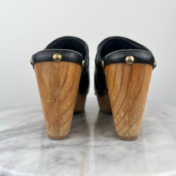 Vintage Aldo Women's Black Leather Studded Wooden Platform Swedish Clogs (5.5) - Picture 6 of 12